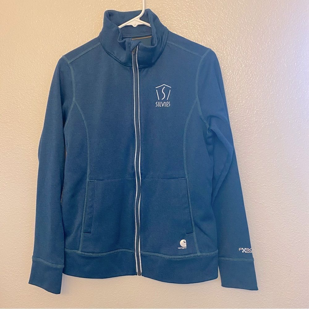Carhartt womans fleece lined zip up jacket embroidered logo front teal blue M - Picture 2 of 13